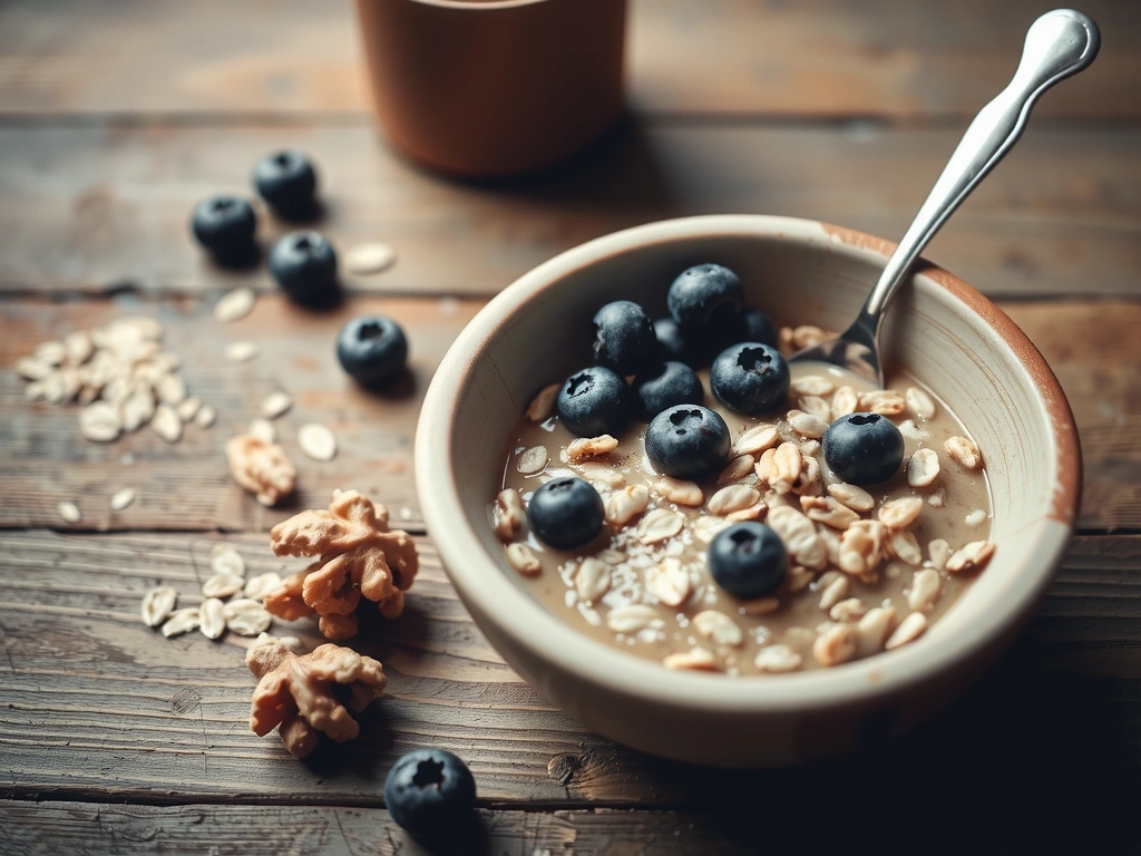 Verse ontbijtingrediënten op een houten tafel